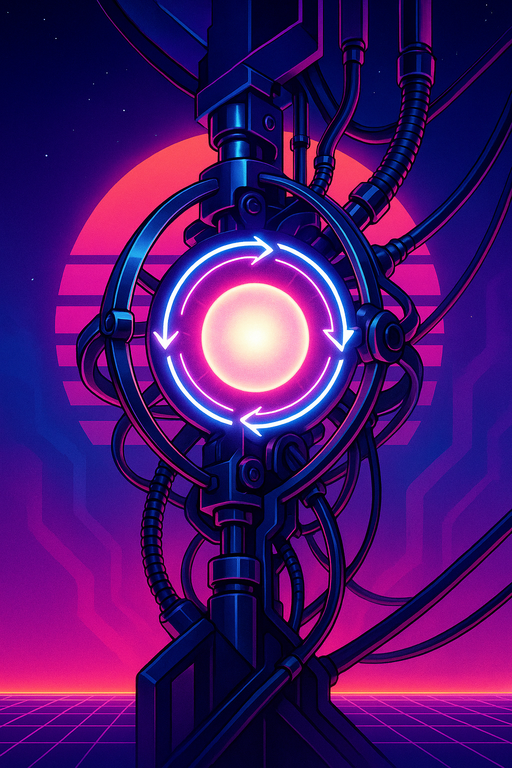 Retrowave illustration: a glowing AI core clamped inside a chrome harness, ringed by a neon think-act-observe loop.