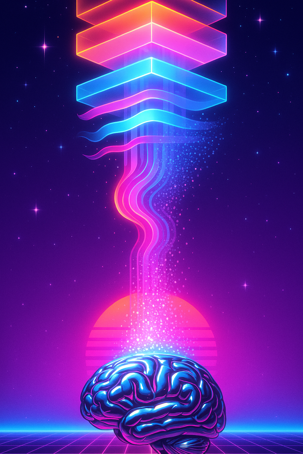 Retrowave illustration: cascading translucent neon panels of data pouring into a chrome brain, like strata of light.