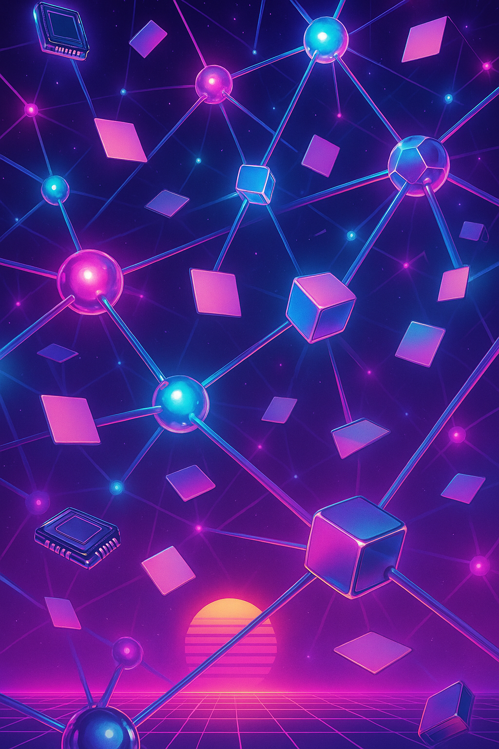 Retrowave illustration: a vast neon knowledge graph of glowing nodes and threads with floating memory cards drifting between them.