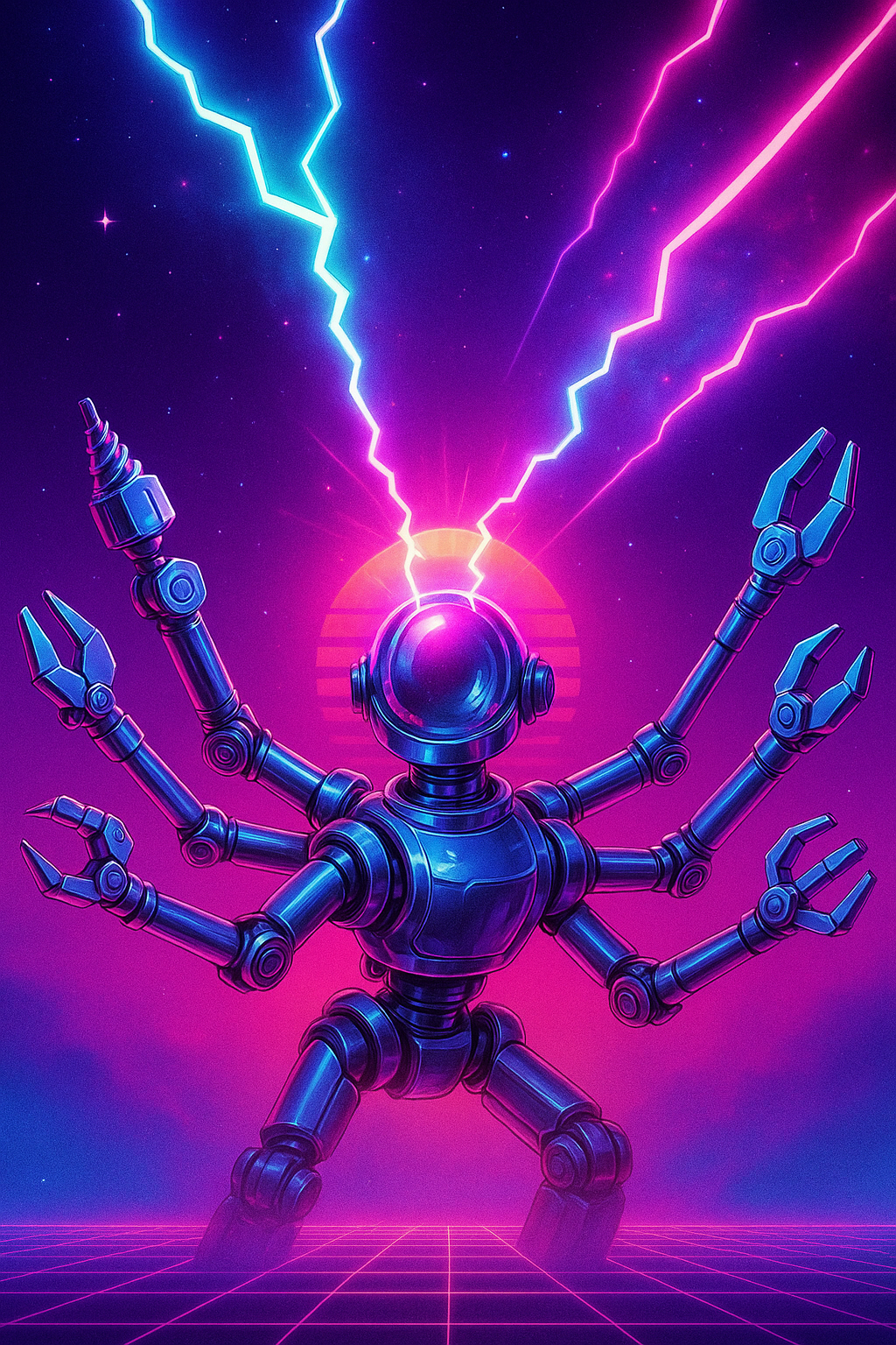 Retrowave illustration: a many-armed chrome machine wielding a fan of tools while neon event-signals and lightning strike its sensors.