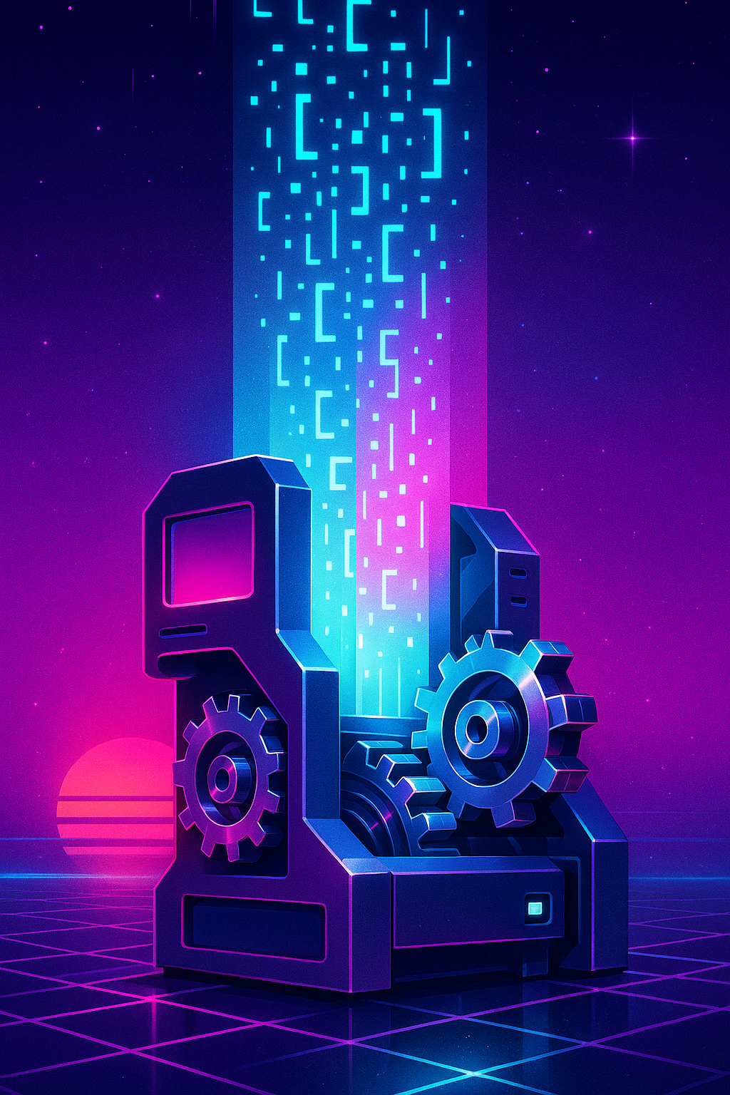 Retrowave illustration: a machine at a neon workstation emitting a glowing waterfall of abstract code-blocks made of light, meshing chrome gears.