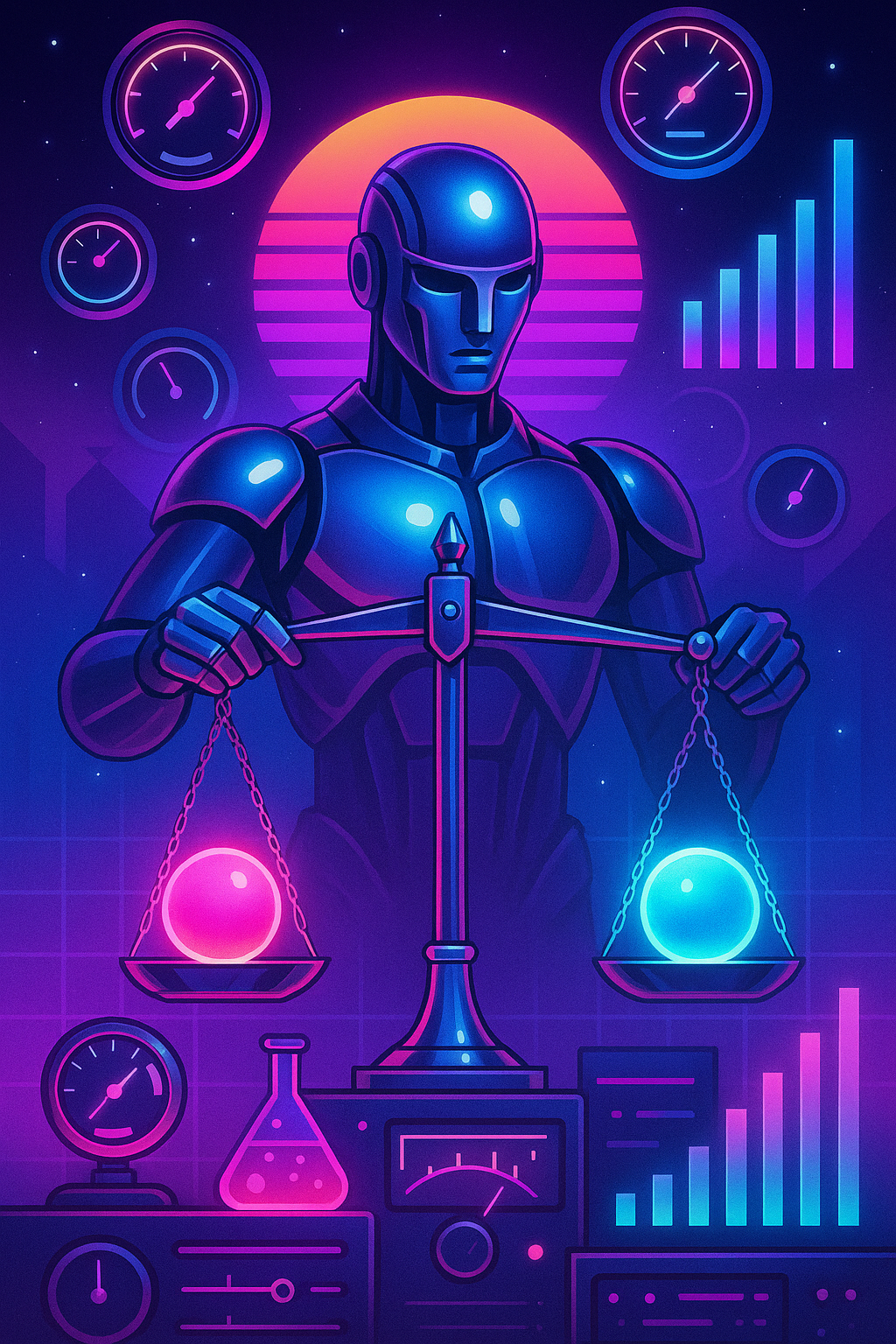 Retrowave illustration: a neon lab bench of floating gauges, dials and rising bar-charts of light, a chrome robotic judge weighing two glowing spheres.