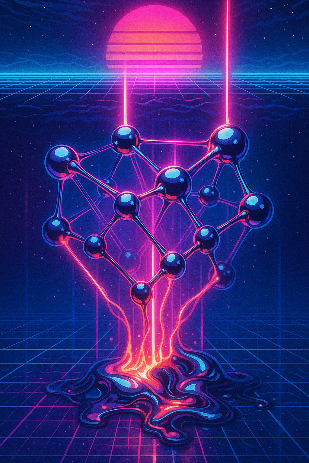 Retrowave illustration: an abstract neural network being reforged deep underwater in neon light, weight-nodes re-tempered by magenta beams.