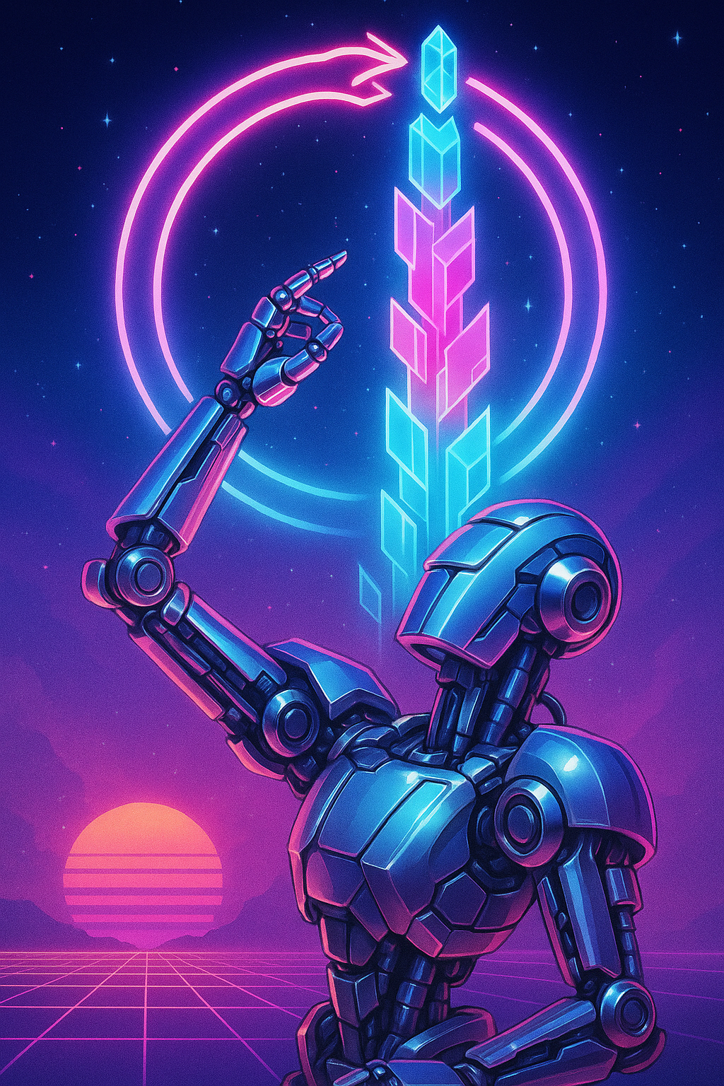 Retrowave illustration: a chrome machine upgrading itself, growing a crystalline tower of glowing skill-modules inside an ouroboros ring of neon.