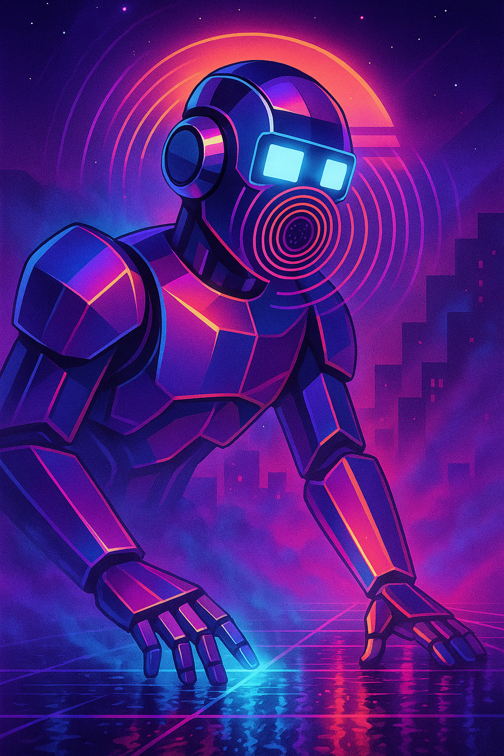 Retrowave illustration: a retro-futuristic robot on a rain-slick neon street, sound-waves radiating from its speaker mouth, screen-eyes glowing.