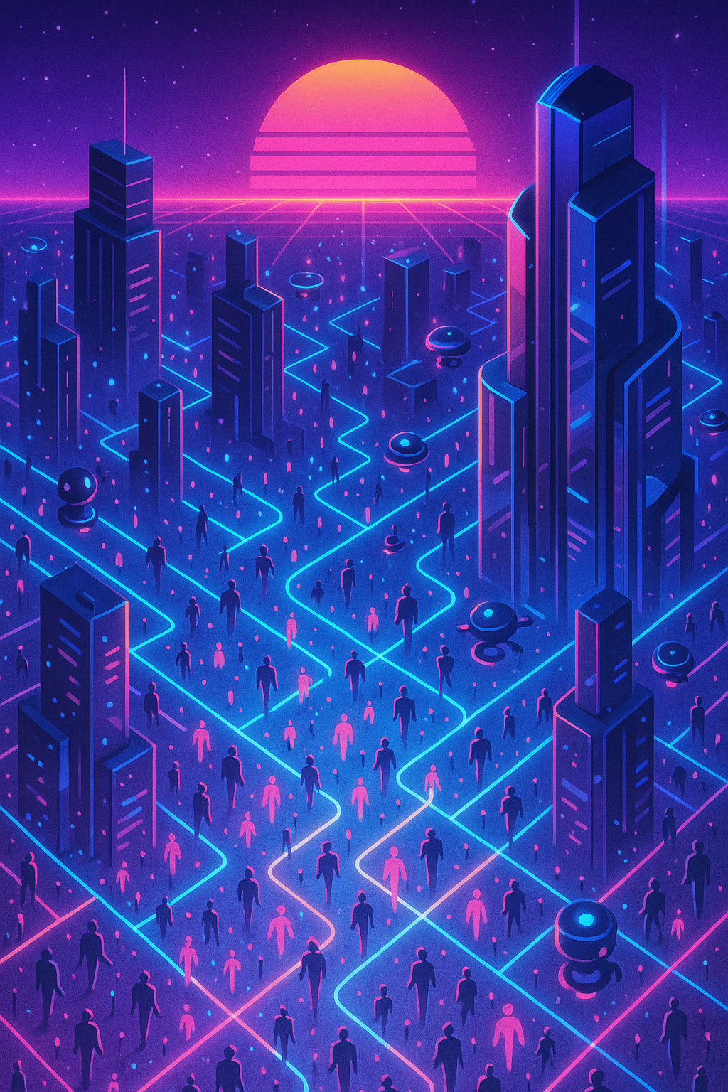 Retrowave illustration: a sprawling neon megacity from above, teeming with hundreds of tiny glowing agents forming an emergent digital civilization.